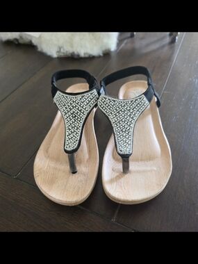 Ashley Blue Black Crystal T-Strap Sandals